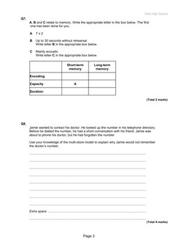 Park High School
Q7. 
A, B and C relate to memory. Write the appropriate letter in the box below. The first
 one has been don