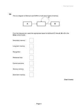 Park High School
Q9. 
This is a diagram of Atkinson and Shiffrin’s multi-store model of memory.
From the following list, sele