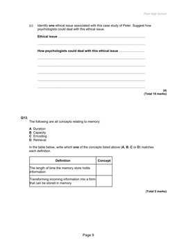 Park High School
(c)     Identify one ethical issue associated with this case study of Peter. Suggest how 
psychologists coul