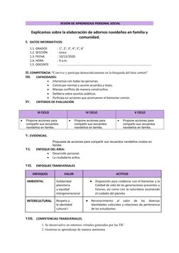 SESIÓN DE APRENDIZAJE PERSONAL SOCIAL
Explicamos sobre la elaboración de adornos navideños en familia y
comunidad.
I. DATOS