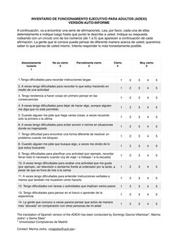 INVENTARIO DE FUNCIONAMIENTO EJECUTIVO PARA ADULTOS (ADEXI)
VERSIÓN AUTO-INFORME
A continuación, va a encontrar una serie de
