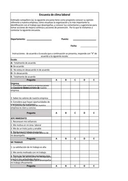 Encuesta de clima laboral
Departamento: ______________________
Puesto:
____________________
Fecha:
_______________
Escala:
Pr