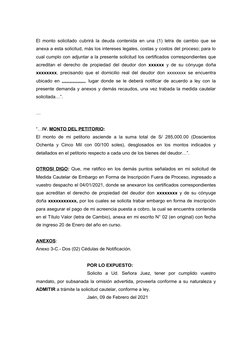 El monto solicitado cubrirá la deuda contenida en una (1) letra de cambio que se
anexa a esta solicitud, más los intereses le