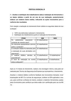 PRÁTICA VIVENCIAL III
1 – Analise a satisfação dos trabalhadores dada à realização do treinamento e
os  dados  obtidos  a  pa