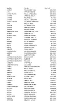 Apellido
Nombre
Matrícula
ACCOLTI
MARIELA DEL VALLE
22107325
ACIAR
CARLOS GILBERTO
10029663
AGUDO MARTIN
MARIA MAGDALENA
3469