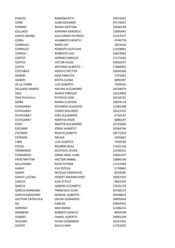CHAVEZ
RAMONA RITA
18522832
CHIRE
JUAN EDUARDO
29176067
CHIRINO
MARIA CRISTINA
10600194
COLLADO
ADRIANA GRACIELA
12665441
CON
