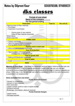Notes by Dilpreet Kaur                  9315976598; 9711899221 
 
dks classes 
 
 
pg. 3 
 
Format of cost sheet 
Name of