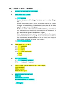 ESQUEMA DE ANÁLISIS LITERARIO:
I.
CONTEXTO HISTÓRICO-  CULTURAL: 
 
 
II.
UBICACIÓN
 
  DEL AUTOR: 
II.1.
Biografía
Homero fu