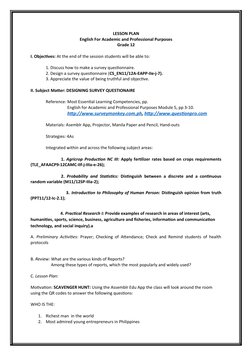 LESSON PLAN
English For Academic and Professional Purposes
Grade 12
I. Objectives: At the end of the session students will be