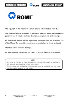 2
S32543D
Manual de Instalação
Installation Manual
 Mesa Giratória MGR 230
Cabeçote Móvel
Rotary Table MGR 230
Tailstock
The
