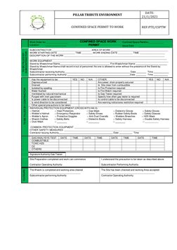 PILLAR TRIBUTE ENVIRONMENT 
 DATE: 
21/1/2021 
CONFINED SPACE PERMIT TO WORK 
 
REF:PTE/CSPTW 
 
 
 
Work Order No: _______