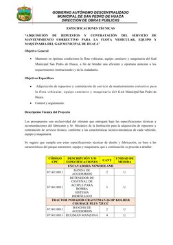 GOBIERNO AUTÓNOMO DESCENTRALIZADO
MUNICIPAL DE SAN PEDRO DE HUACA
DIRECCIÓN DE OBRAS PÚBLICAS
ESPECIFICACIONES TÉCNICAS
“ADQU