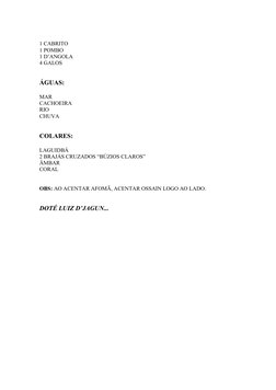 1 CABRITO
1 POMBO
1 D’ANGOLA
4 GALOS
ÁGUAS:
MAR
CACHOEIRA
RIO
CHUVA
COLARES:
LAGUIDBÁ
2 BRAJÁS CRUZADOS “BÚZIOS CLAROS”
ÂMBAR
