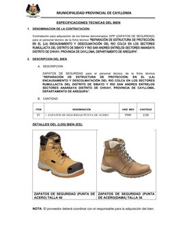 MUNICIPALIDAD PROVINCIAL DE CAYLLOMA
ESPECIFICACIONES TECNICAS DEL BIEN
1.
DENOMINACION DE LA CONTRATACION: