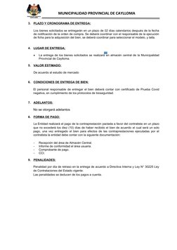 MUNICIPALIDAD PROVINCIAL DE CAYLLOMA
3.
PLAZO Y CRONOGRAMA DE ENTREGA
 
 :   
Los bienes solicitados se entrega