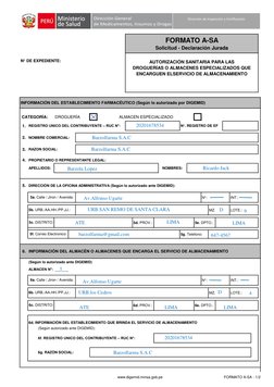 N° DE EXPEDIENTE:
 CATEGORÍA:
DROGUERÍA
ALMACEN ESPECIALIZADO
1. REGISTRO UNICO DEL CONTRIBUYENTE – RUC N°:
N°. REGISTRO DE E