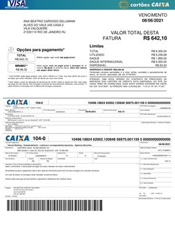 4219.XXXX.XXXX.9461
ANA BEATRIZ CARDOSO SELLMANN
ALVES DO VALE 245 CASA 2
VILA VALQUEIRE
21330110 RIO DE JANEIRO RJ
VENCIMENT