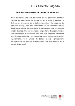 Luis Alberto Salgado R. 
DESCRIPCIÓN GENERAL DE LA IDEA DE NEGOCIOS
Poner en marcha una  Sala de belleza de alta peluquería d