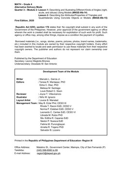 MATH – Grade 4 
Alternative Delivery Mode 
Quarter 3 – Module 2: Lesson 1- Describing and Illustrating Different Kinds of Ang