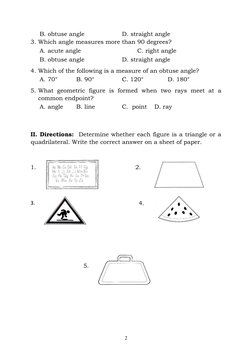 B. obtuse angle    
 
D. straight angle 
3. Which angle measures more than 90 degrees?
A. acute angle 
 
 
 
C. right angle