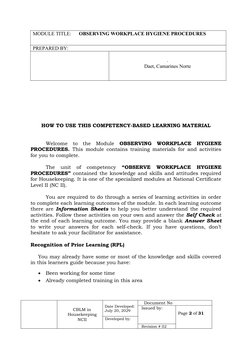 MODULE TITLE:      OBSERVING WORKPLACE HYGIENE PROCEDURES
PREPARED BY:  
.
Daet, Camarines Norte
HOW TO USE THIS COMPETENCY-B