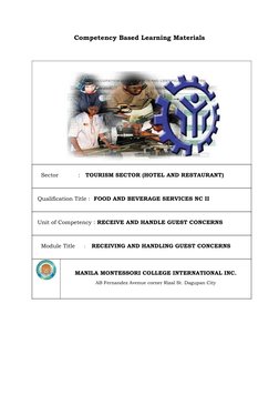 Competency Based Learning Materials
     Sector           :   TOURISM SECTOR (HOTEL AND RESTAURANT)
   Qualification Title :