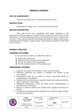 Dining Room Preparation for Service | PDF | Business | Restaurant And ...