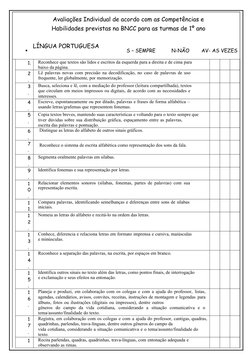 Avaliações Individual de acordo com as Competências e 
Habilidades previstas na BNCC para as turmas de 1º ano

LÍNGUA PORTUG