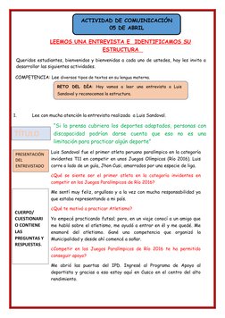 LEEMOS UNA ENTREVISTA E  IDENTIFICAMOS SU
ESTRUCTURA  
Queridos estudiantes, bienvenidos y bienvenidas a cada uno de ustedes,