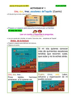 Jueves 24 de junio de 2021.                                                                PLAN LECTOR 
ACTIVIDAD N° 1  
Un