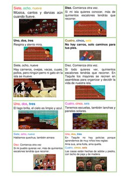 Siete, ocho, nueve 
Música, cantos y danzas aún 
cuando llueve. 
 
Diez. Comienza otra vez. 
Si mi isla quieres conocer, más