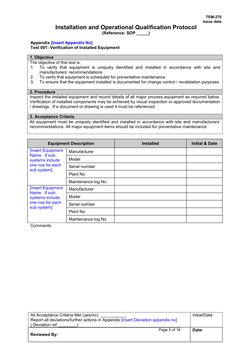 Operational Qualification Format Write Sample Installation and Operational Qualification Protocol | PDF ...