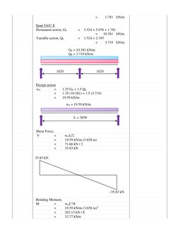 = 
1.781 kN/m 
 
 
 
 
 
Span 5A/C-E 
 
 
Permanent action, Gk 
= 
3.524 + 5.076 + 1.781 
 
 
 
= 
10.381 kN/m 
 
 
Varia