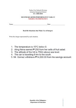 Tarlac City Schools Division
Armenia Integrated School
S.Y. 2020-2021
SECOND QUARTER PERFORMANCE TASK # 2
GRADE 6 MATHEMATICS