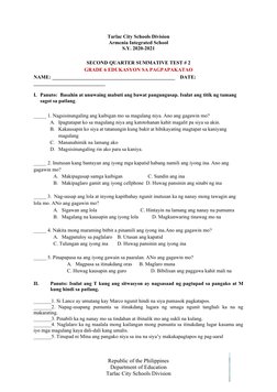 Tarlac City Schools Division
Armenia Integrated School
S.Y. 2020-2021
SECOND QUARTER SUMMATIVE TEST # 2
GRADE 6 EDUKASYON SA