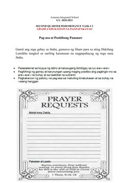 Armenia Integrated School
S.Y. 2020-2021
SECOND QUARTER PERFORMANCE TASK # 2
GRADE 6 EDUKASYON SA PAGPAPAKATAO
Pag-asa at Pos