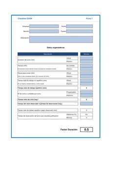 Ficha 1
Empresa:
Fecha:
Sección:
Puesto:
Descripción:
Datos organizativos
Descripción
Minutos
Duración del turno (min)
Oficia