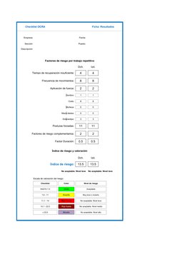 Ficha: Resultados
Empresa:
Fecha:
Sección:
Puesto:
Descripción:
Factores de riesgo por trabajo repetitivo
Dch.
Izd.
Tiempo de
