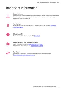 Gaia Advanced Routing R81 Administration Guide
Gaia Advanced Routing R81 Administration Guide      |      3
Important Informa