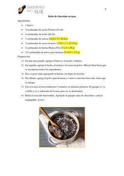 8 
 
 
Keke de chocolate en taza 
Ingredientes 
• 1 huevo 
• 3 cucharadas de aceite Primor (45 ml) 
• 4 cucharadas de leche (