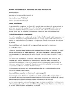 INFORME AUDITORIA ESPECIAL EMITIDO POR EL AUDITOR INDEPENDIENTE 
Señor Presidente y
Miembros del Consejo de Administración de
