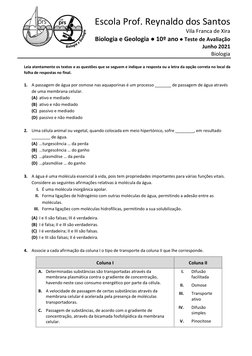 Escola Prof. Reynaldo dos Santos  
             Vila Franca de Xira 
Biologia e Geologia ● 10º ano ● Teste de Avaliação 
Junh