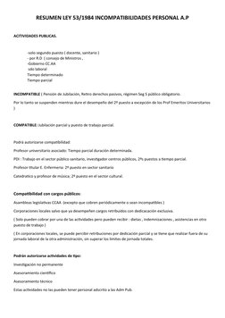 RESUMEN LEY 53/1984 INCOMPATIBILIDADES PERSONAL A.P
ACITIVIDADES PUBLICAS.
-solo segundo puesto ( docente, sanitario )
- por