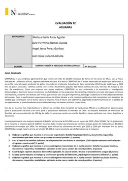 EVALUACIÓN T2 
ADUANAS 
 
 
ESTUDIANTES 
 Melissa Ibeth Aylas Aguilar
Jane Herminia Ramos Ayasta
Angel Jesus Perez Gariba