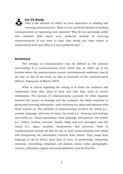 5 
 
 
Let Us Study 
Take a few minutes to reflect on your experience in sending and 
receiving communication. What is your