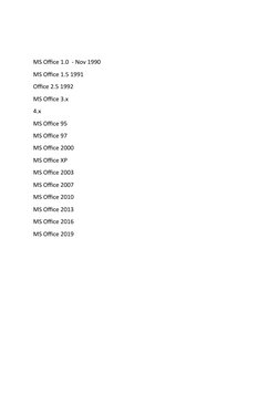 MS Office 1.0  - Nov 1990
MS Office 1.5 1991
Office 2.5 1992
MS Office 3.x 
4.x 
MS Office 95 
MS Office 97
MS Office 2000
MS