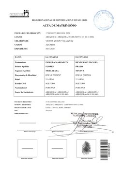REGISTRO NACIONAL DE IDENTIFICACION Y ESTADO CIVIL
ACTA DE MATRIMONIO
FECHA DE CELEBRACIÓN
17 DE OCTUBRE DEL 2020
LUGAR
AREQU