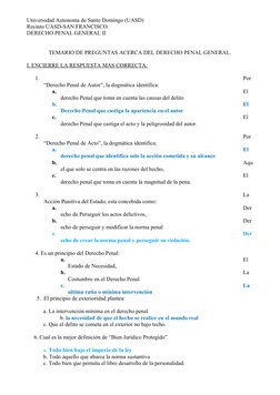 Universidad Autonoma de Santo Domingo (UASD)
Recinto UASD-SAN FRANCISCO.
DERECHO PENAL GENERAL II
TEMARIO DE PREGUNTAS ACERCA
