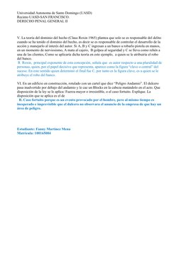 Universidad Autonoma de Santo Domingo (UASD)
Recinto UASD-SAN FRANCISCO.
DERECHO PENAL GENERAL II
V. La teoría del dominio de