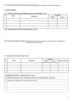 E. Co & Extra Curricular Activities and Interest Areas: 
 
 
 
F. EMPLOYMENT 
 
 
 
 
G.1. Teaching Positions held:(Please re